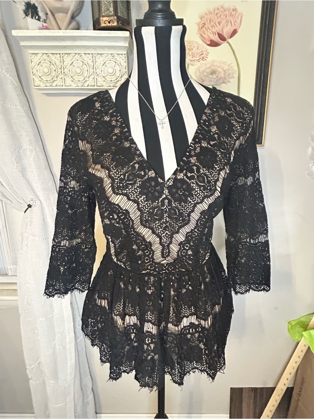 Anthropologie x Maeve Black Lace V-Neck Women's Top small
